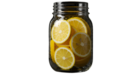 Isolated Photo Of Yellow Lemon Slices In A Transparent Jar On Black Background