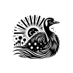 Stylized Black and White Emu Silhouette with Celestial and Natural Elements.