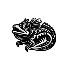 Stylized Black and White Illustration of a Detailed Fish with Ornate Fins.