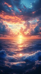 Ocean Waves at Sunset with Dramatic Sky and Clouds