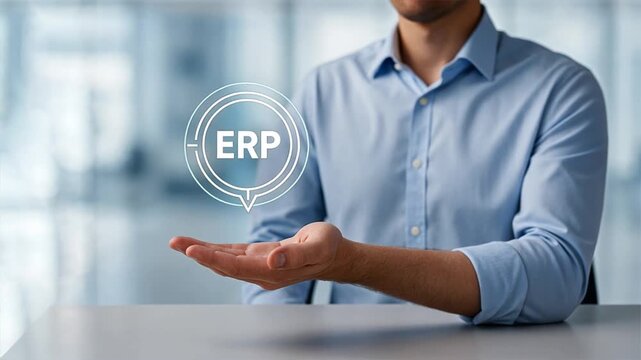 A businessman holding a glowing ERP icon floats above his palm, minimalist office setting with soft blue lighting, Enterprise Resource Planning System, erp, sap