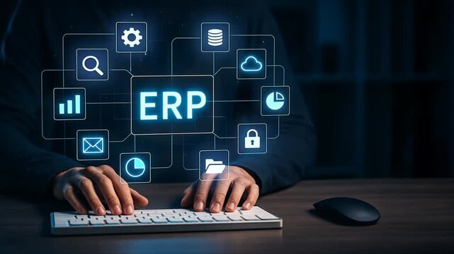 A businessman typing on a white keyboard while a transparent holographic ERP display floats in front of them, showing Enterprise Resource Planning System, erp, sap - Powered by Adobe