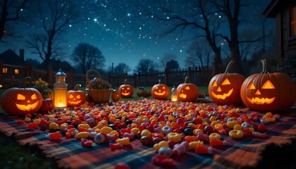Halloween picnic with glowing jack-o'-lanterns and assorted candies on a blanket under starry night