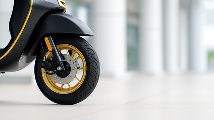 Close-up of a modern black scooter wheel with gold alloy rim on smooth surface