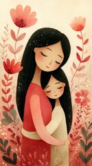 Fototapeta premium Emotional watercolor illustration showing a tender moment between a woman and her infant