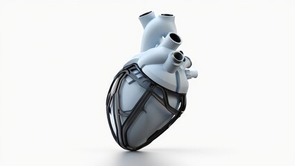 An Intricate 3D Render of a Human Heart with a Protective Exoskeleton, Illustrating Advanced Medical Technology and Anatomical Precision on a White Background