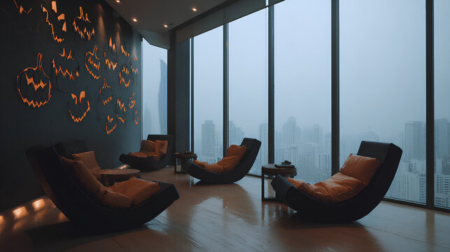 Chic minimalist urban loft lounge decorated for Halloween with glowing orange pumpkins and a moody city view.