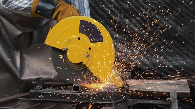 Close-up view of yellow chop saw cutting through square metal tube with bright sparks flying, operator's gloved hand visible, showcasing high-intensity industrial work in outdoor environment