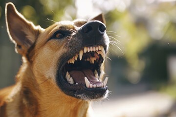 Aggressive dog baring teeth on sunny street