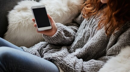 Woman in cozy sweater using phone