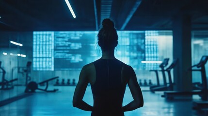 Woman in fitness center looking at digital display