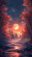 Fototapeta premium Autumn Forest Path at Night with Full Moon Shining Bright