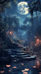 Moonlit Stone Steps Leading Through Enchanted Forest