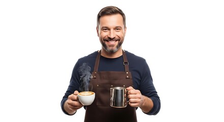 Barista Holding Coffee Cup and Milk Jug with a Smile