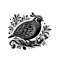 Stylized Black and White Quail Perched on Decorative Branch with Foliage.