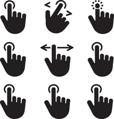 Fototapeta premium Hand Gesture Silhouette Icons – Tap, Swipe, Pinch, Scroll, Zoom, Drag, Click, and Multi-Touch Movements