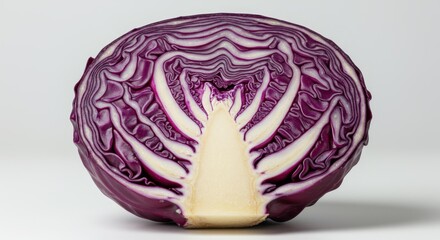 Cross section of vibrant red cabbage on white background