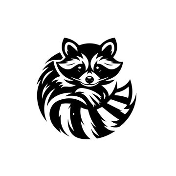 Stylized Black and White Raccoon Logo with Striped Tail.