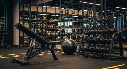 Modern gym interior with weightlifting equipment and workout bench