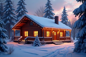 Fototapeta premium Cozy log cabin with Christmas lights in snowy forest at dusk 1