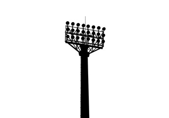 Silhouette of a tall stadium light tower against a stark white background in a photo