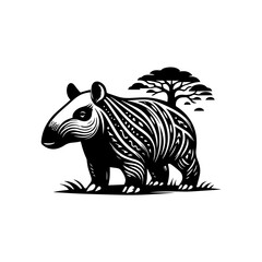 Stylized Black and White Tapir with Decorative Patterns and Tree Silhouette.