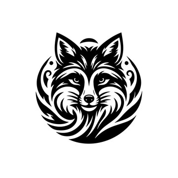 Stylized Black and White Wolf Head with Tribal Swirls and Crescent Moon.
