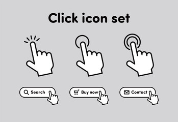 ボタンをクリックする指のアイコンセット　モノクロ