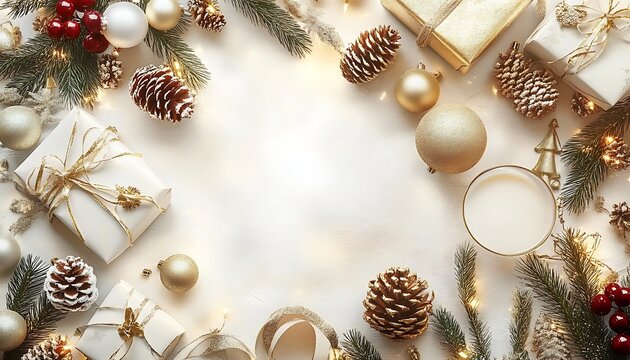 
Gold and white Christmas Flat Lay mockup background product photography with presents, pine cones, and christmas balls. Holiday design for greeting card, invitation, calendar


