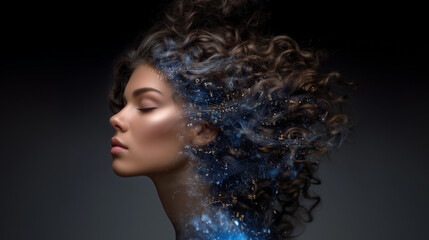 Fototapeta premium Artistic profile of a woman where hair turns into music notes flowing through space music and beauty, abstract concept, harmony, long hair art, imagination