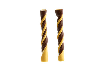 two chocolate and yellow candlesticks on a white background