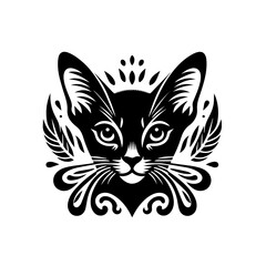 Stylized Black Cat Face with Ornate Decorative Flourishes and Leaf Motifs.