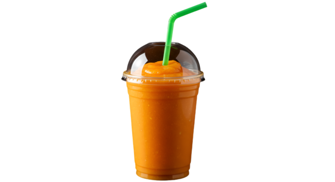Isolated Orange Smoothie Photo with Plastic Cup and Green Straw Background