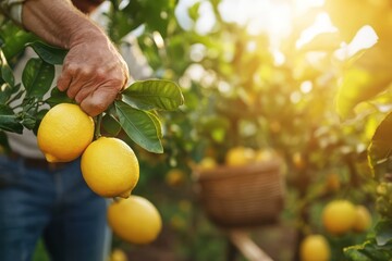 Farmer harvesting lemons in citrus orchard