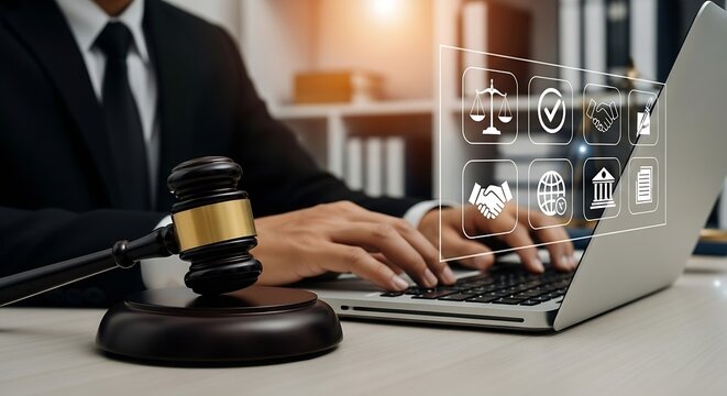 Online Legal Services: Lawyer, Gavel, Laptop, Justice Icons, Legal Tech, Justice, Law firm, Online Law, Lawyer Typing - Powered by Adobe