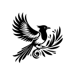 Fototapeta premium Stylized Black Magpie Bird Perched on a Branch with Flowing Feathers.