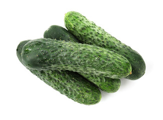 Many fresh green cucumbers isolated on white, top view
