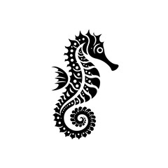Stylized Black Seahorse Silhouette with Intricate Ornate Patterns.