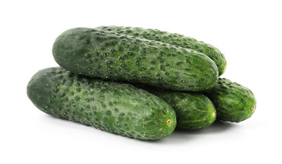 Many fresh green cucumbers isolated on white