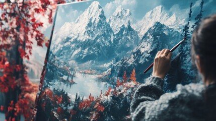 Woman painting a mountain landscape