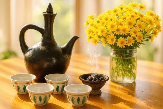 table set for Ethiopian New Year celebration, traditional coffee pot jebena, cups, meskel flowers, and incense