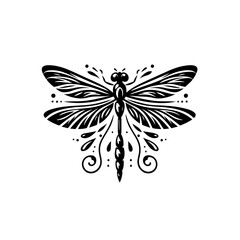 Stylized Black Silhouette Dragonfly with Intricate Wing Patterns and Swirling Tail.