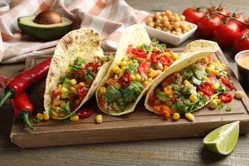 Tasty vegetarian tacos with chickpeas, corn and quinoa served on wooden table, closeup