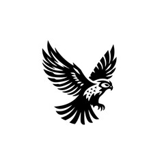 Stylized Black Silhouette of a Hawk in Flight with Detailed Feathers.