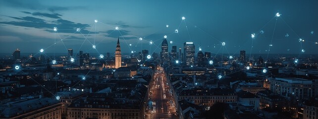 Stylized Munich skyline blended with digital connection overlays, soft evening lighting, elegant tech-infused cityscape, blue and silver color palette