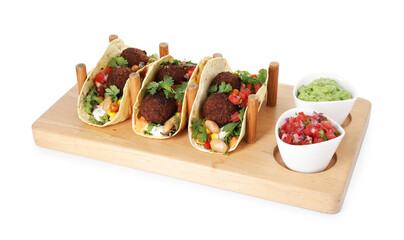 Tasty vegetarian tacos with falafel, salsa and guacamole isolated on white