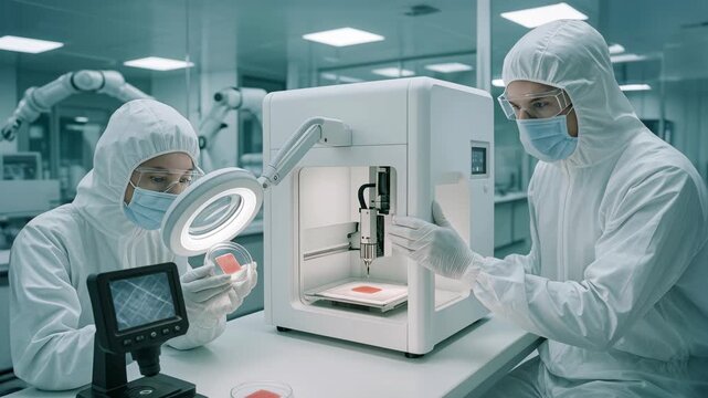 Two scientists in sterile lab operating 3D bioprinter to create synthetic tissue sample. Concept of biofabrication, lab-grown food, and regenerative medicine through advanced printing technology