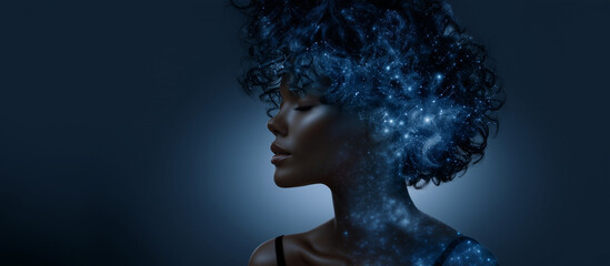 Night silhouette of a woman with hair made of stars and constellations cosmic woman, starry sky, dreamy aesthetic, astrology concept, dark beauty