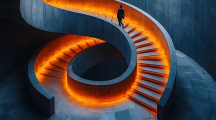 A businessman walks up a modern, elegant spiral staircase with glowing orange light, viewed from a high angle to emphasize the architectural design and sense of progress