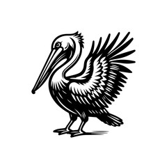 Stylized Black Silhouette of a Majestic Pelican with Detailed Feathers.